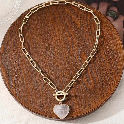 14K Gold Plated Two Sides Carved Stone Heart Shape Necklace for Women Love Pendant Necklace Jewelry for Daily and Gifts - color: pink quartz