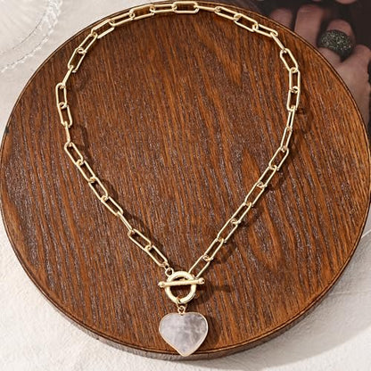 14K Gold Plated Two Sides Carved Stone Heart Shape Necklace for Women Love Pendant Necklace Jewelry for Daily and Gifts - color: pink quartz