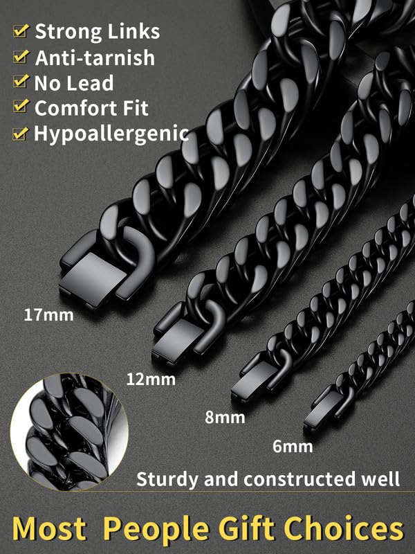 ChainsHouse Stainless Steel Cuban Link Bracelet, 6mm/8mm/12mm/17mm Width, 7.5"/8.3"/9", Black/ 18K Gold Plated Chain Wrist Bracelets for Men Women, Send Gift Box - color: G: Black-8mm width