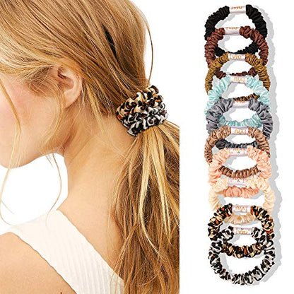 Scrunchies Silk Satin Hair Ties - Small Mini Thin Elestics Ponytail Holder Hair Bands Skinny Scrunchy For Thick Curl Hair No Crease Hair Ties Soft Accessories No Hurt Your Hair for Women and Girls | Ponytail Holder, For Thick Curl Hair, No Crease, Soft Ac