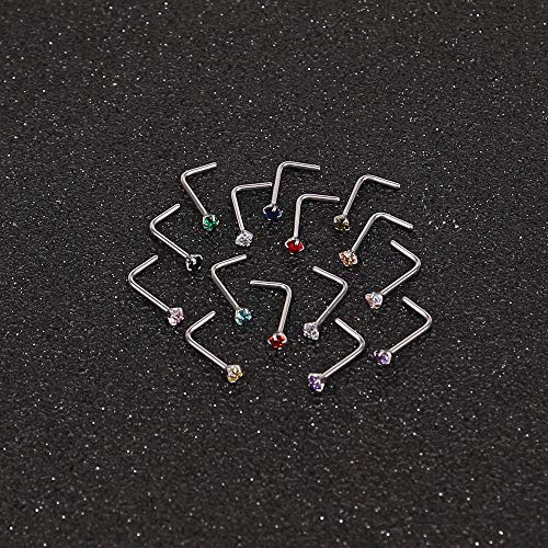 ZS 6-14PCS 20g Tiny Nose Stud Ring Piercing Surgical Steel Nose Bone/L Shaped/Nose Screws Rings Set - color: C:14pcs L Shaped Style(Mixed Color)
