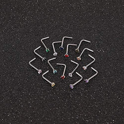 ZS 6-14PCS 20g Tiny Nose Stud Ring Piercing Surgical Steel Nose Bone/L Shaped/Nose Screws Rings Set - color: C:14pcs L Shaped Style(Mixed Color)