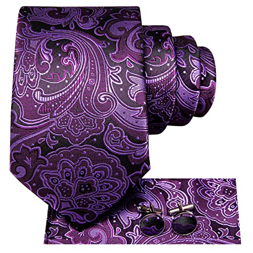 Hi-Tie Men 63inches Tie Set Extra Long Necktie Paisley Tie Pocket Suqare Cufflinks Big and Tall Men Tie - color: Black Purple