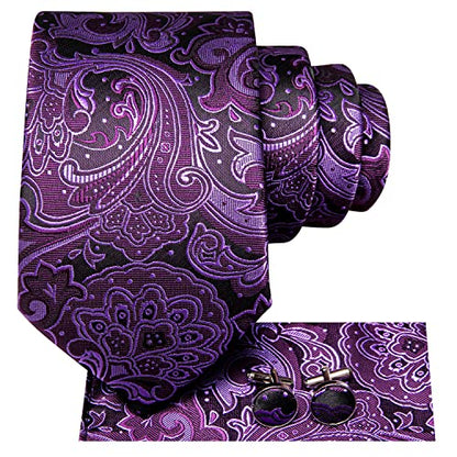 Hi-Tie Men 63inches Tie Set Extra Long Necktie Paisley Tie Pocket Suqare Cufflinks Big and Tall Men Tie - color: Black Purple