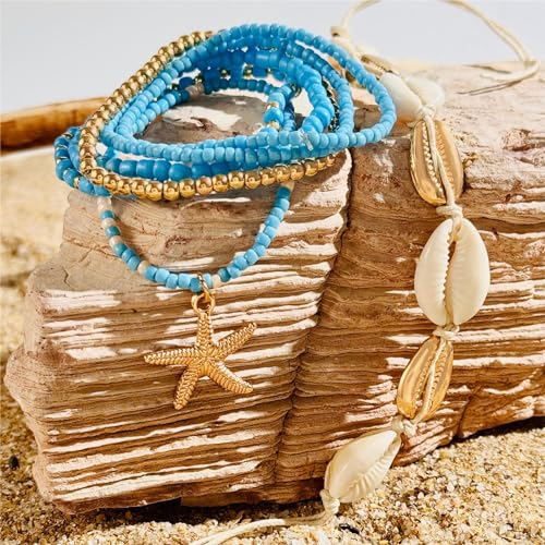 Bohemian Stackable Shell Beaded Ankle Bracelets for Women Colorful Boho Multi-Layer Seashell Gold Starfish Adjustable Handmade Braid Bracelet Summer Beach Holiday Accessories Gifts - color: Blue