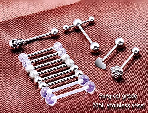 Prjndjw Jewelry, 5/8in(16mm) L, 14G Tongue Piercing Barbells Multicolor Surgical Stainless Steel Long Nipple Piercing Barbells Body Jewelry for Women - color: Silver