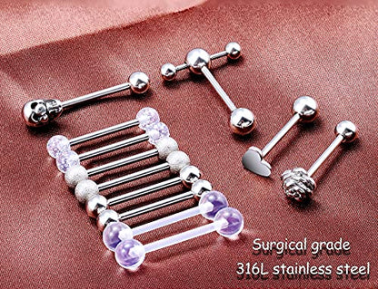 Prjndjw Jewelry, 5/8in(16mm) L, 14G Tongue Piercing Barbells Multicolor Surgical Stainless Steel Long Nipple Piercing Barbells Body Jewelry for Women - color: Silver