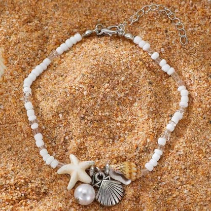 Beach Puka Shell Anklet for Women Waterproof Beaded Ankle Bracelets Adjustable Starfish Seashell Pearl Foot Chain Boho Jewerly Present for Summer Beach Party - color: beige
