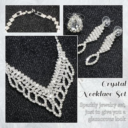 Rhinestone Jewelry Set Crystal Pearl Necklace Bracelet Earrings | Sparkly Necklace Dangle Earrings,Wedding Prom Formal Costume Jewelry Sets for Women - color: Silver5
