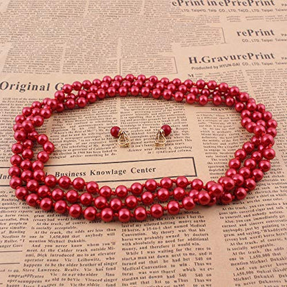 Handmade Faux Pearl Necklace and Clip on Earrings Jewelry Sets for Women Bib Choker Collar Necklace - color: 140cm Red Necklace+Clip Earrings