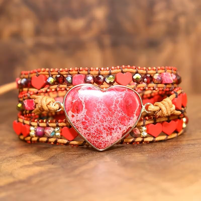Women Wrap Bracelet Boho Natural Jasper Crystal Stone Beads Strand Bracelets - color: Style 17-Red Heart