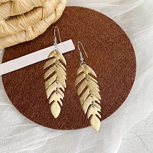 Handmade Unique Lightweight Bohemian Genuine Leather Leaf Dangle Drop Earrings Dainty Sparkly Chain Feather Hook Earring for Women Statement - color: Gold