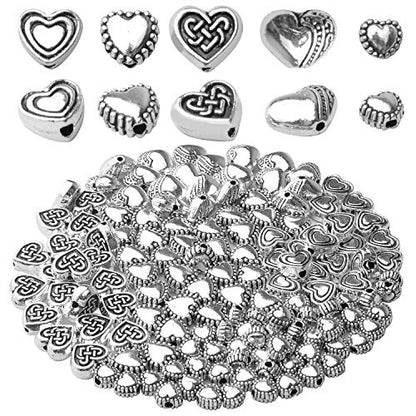 Aylifu 140pcs Antique Silver Heart Shape Spacers Alloy European Style Heart Beads Charms Spacer Bead Jewelry Heart Charms for DIY Bracelet Jewelry Making, 5 Sizes