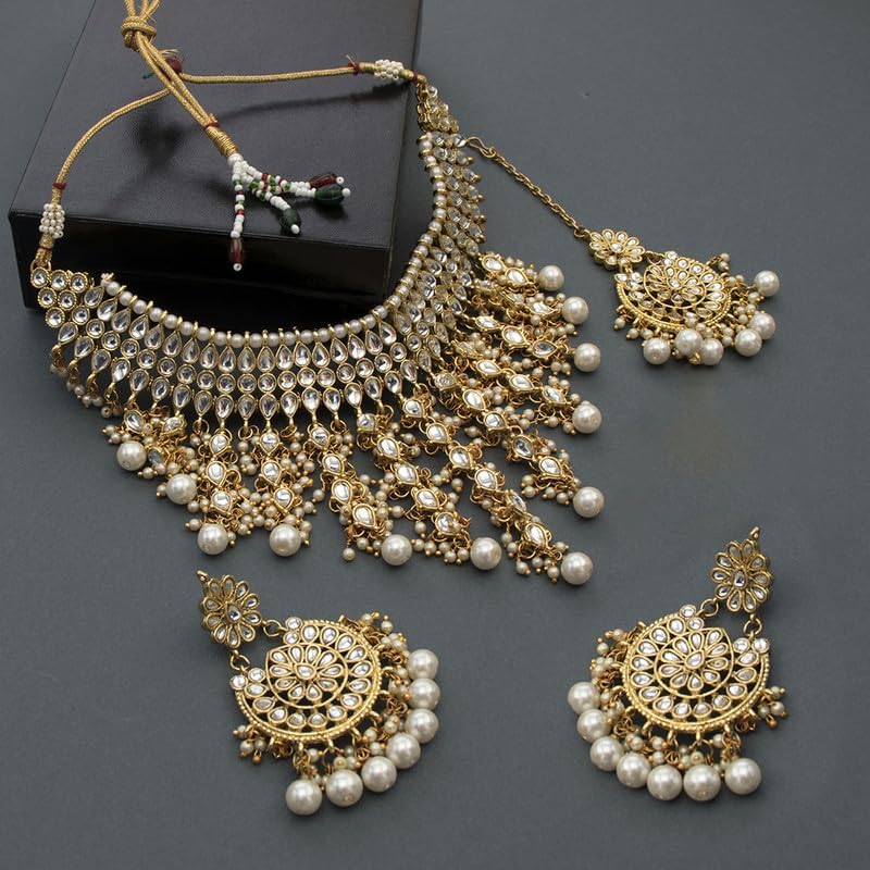 Aheli Elegant Indian Wedding Wear Faux Kundan Studded Choker Necklace with Maang Tikka Set Ethnic Fashion Jewelry for Women Maroon Kundan & Pearl Drop - color: White