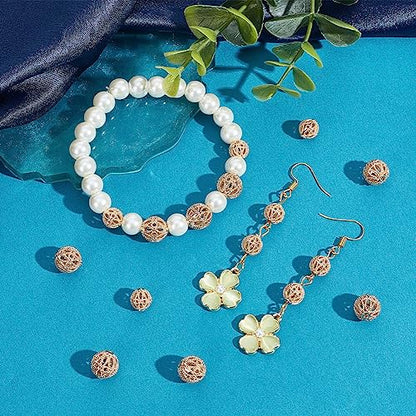 PH PandaHall 20pcs Golden Round Beads, 14K Gold Plated Brass Hollow Filigree Metal Spacer Beads 8mm 10mm for Earrings Bracelet Pendant Waist Chain Necklaces DIY Crafts - size: 8mm/10mm