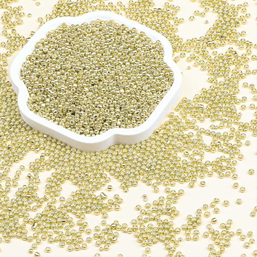 2mm Glass Seed Beads Bulk, Bright Gold 12/0 Tiny Round Seed Bead, Small Mini Pony Craft Beads for Bracelet Necklace Wrist Jewelry Making Beading Weaving DIY Crafts Supplies - color: Bright Gold