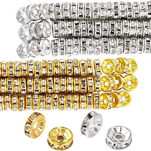 Hicarer 800 Pieces Round Rondelle Spacer Beads Crystal Rhinestone Loose Charm Beads for Jewelry Making(8 mm,Gold, Silver) - size: 8