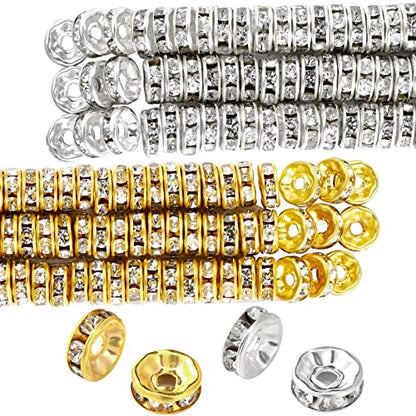Hicarer 800 Pieces Round Rondelle Spacer Beads Crystal Rhinestone Loose Charm Beads for Jewelry Making(8 mm,Gold, Silver) - size: 8