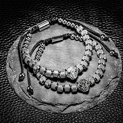 3pcs/set Classical Handmade Braiding Bracelet Hip Hop Men Pave CZ Leopard Head Roman Numeral Bracelet Stainless Steel Jewelry - color: 3pcs A Silver Set A