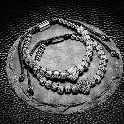 3pcs/set Classical Handmade Braiding Bracelet Hip Hop Men Pave CZ Leopard Head Roman Numeral Bracelet Stainless Steel Jewelry - color: 3pcs A Silver Set A