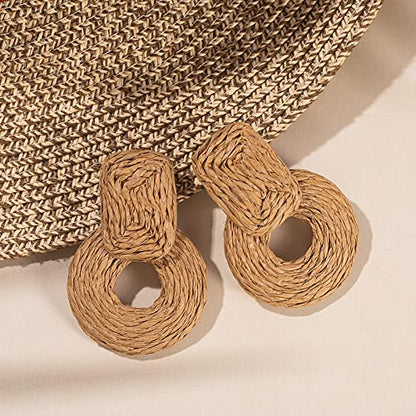 Statement Raffia Earrings Cute Boho Earrings Rattan Dangle Earrings Handmade Straw Wrap Earrings Summer Drop Dangling Earrings for Women Teen Girls - color: Wheat