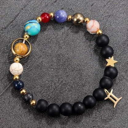 Solar System Planet Bead Zodiac Sign Stretch Bracelet for Men Women | Matte black beads with solar system planet stones, unisex design, perfect birthday holiday gift for men women - color: gemini