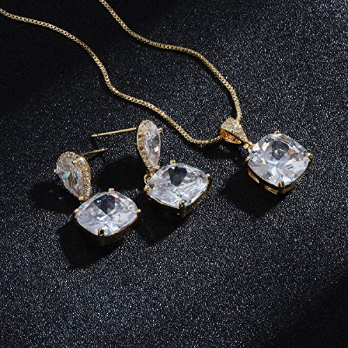 Elegant Jewelry Set for Women Silver Teardrop CZ Drop Earrings and Necklace | Square Teardrop Cubic Zirconia Rhinestone Jewelry Sets Bridal Jewelry Sets for Wedding Bride Bridesmaids Mother of Bride - style: Shining Beauty (14k Gold Plated)