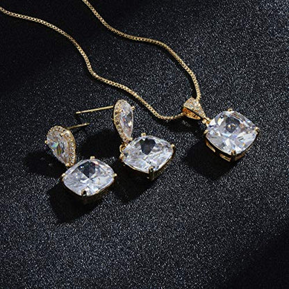 Elegant Jewelry Set for Women Silver Teardrop CZ Drop Earrings and Necklace | Square Teardrop Cubic Zirconia Rhinestone Jewelry Sets Bridal Jewelry Sets for Wedding Bride Bridesmaids Mother of Bride - style: Shining Beauty (14k Gold Plated)