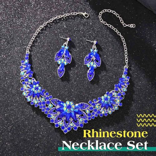 Yonamix Gold Jewelry Set Wedding Rhinestone Necklace Sets for Women | Formal Prom Dinner Party Gala Night Crystal Flower Necklaces Earrings - color: E Blue
