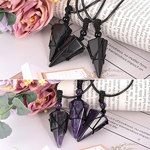 Top Plaza Mens Necklace, Crystal Gemstone Protection Pendant Necklace | Healing Crystals Necklace for Men Adjustable 6 Facet Pointed Necklace Energy Natural Quartz Protect Jewelry Gifts - color: Black Rope - Amethyst+Black Obsidian