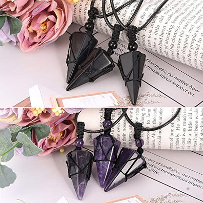 Top Plaza Mens Necklace, Crystal Gemstone Protection Pendant Necklace | Healing Crystals Necklace for Men Adjustable 6 Facet Pointed Necklace Energy Natural Quartz Protect Jewelry Gifts - color: Black Rope - Amethyst+Black Obsidian