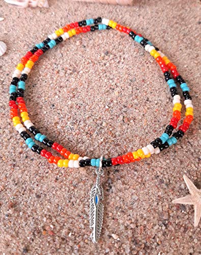 Minimalist Beaded Native American Style Stretch Charm Double Anklet with Feather Charm. 9 INCHES.