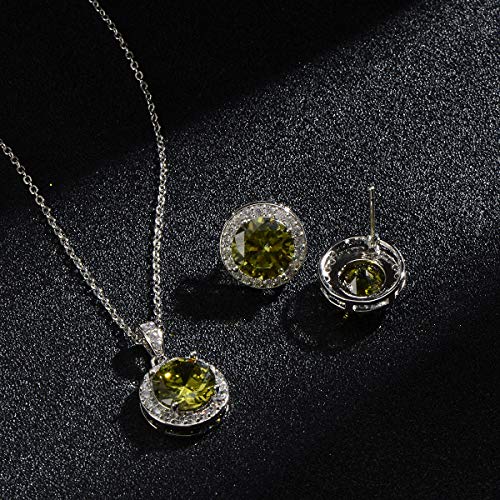 Bridal Crystal Jewelry Set - Sterling Silver Round Cubic Zirconia CZ Rhinestone Halo Birthstone Pendant Necklace Stud Earrings Set for Wedding Bride Bridesmaids Birthday Gift - color: Olive Green