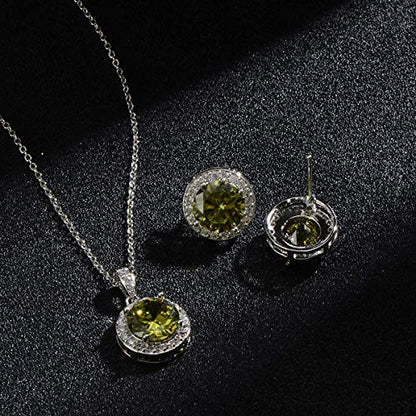Bridal Crystal Jewelry Set - Sterling Silver Round Cubic Zirconia CZ Rhinestone Halo Birthstone Pendant Necklace Stud Earrings Set for Wedding Bride Bridesmaids Birthday Gift - color: Olive Green