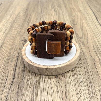 Bohemian Multi Layers Seed Beads Wide Bangle Strand Bracelet Wooden Thick Natural Wood Beads Stretch Bracelet for Women Men - color: Brown