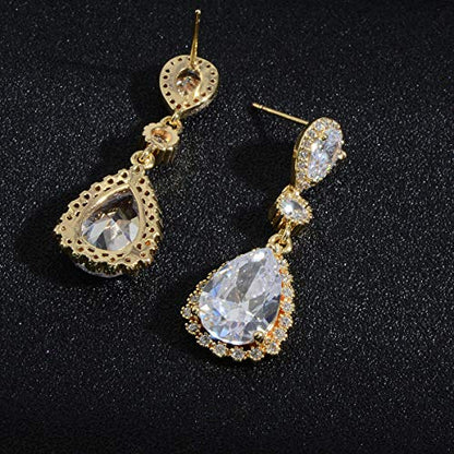 Teardrop Dangle Earrings for Wedding - Sparkly Sterling Silver Cubic Zirconia Crystal Rhinestone Drop Earrings Pierced Austrian Style Hypoallergenic Earrings Womens Bridal Jewelry - style: PJ 3 long teardrop wedding earrings gold