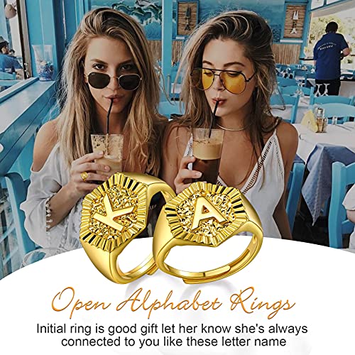 U7 Initial Ring Wedding Band for Men Women 18K Gold Plated Statement Hexagon A-Z Letter Jewelry Personalized Stackable Signet Rings - color: A