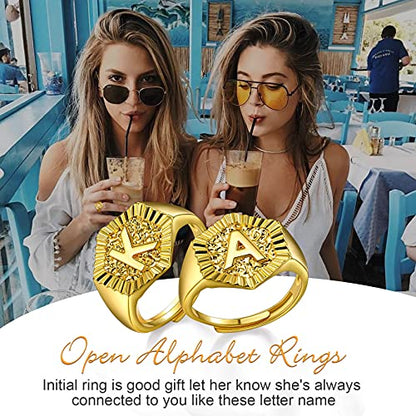 U7 Initial Ring Wedding Band for Men Women 18K Gold Plated Statement Hexagon A-Z Letter Jewelry Personalized Stackable Signet Rings - color: Q