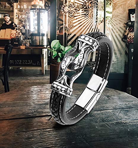 Men's Braided Leather Bracelet Wristband Cuff Bracelet for Men Gifts Stainless Steel Clasp - color: Black 2
