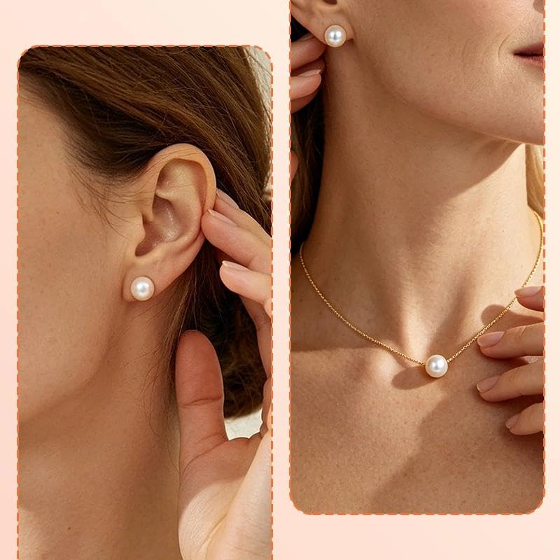 Pearl Earring and Necklace for Wedding Earring Necklace Pearl Accessory | 12 Pairs Pearl Stud Earring, Gold Pearl Choker Necklace, Birthday Christmas Gift for Bride, Engagement Pearl Earring Necklace - color: single pearl