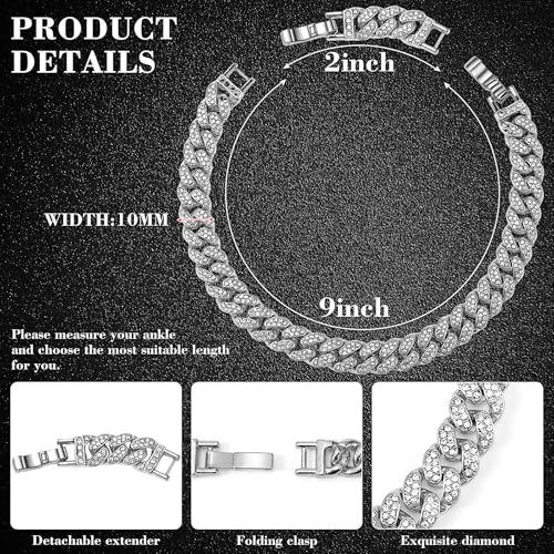 Batiyeer Women's Ankle Bracelets Cuban Link Chain Anklets Adjustable Chunky Anklets with Detachable Extender Rhinestone Bling Jewelry Gifts - color: Silver, size: 10 Mm, 9+2 Inches