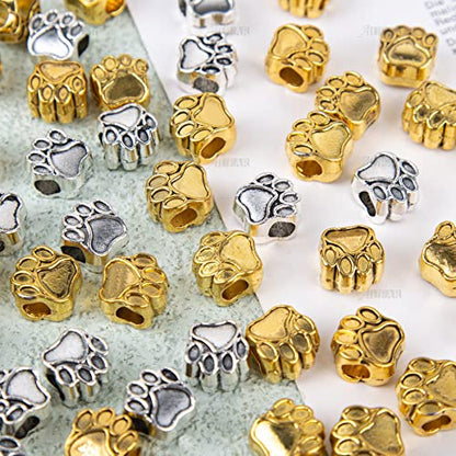 AUEAR, 50 Pack Paw Prints Bead Dog Footprint Beads for DIY Crafts Jewelry Making Silver Gold - color: Silver & Gold, size: 50 Pack