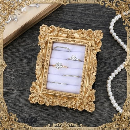 Picture Frame Ring Holder, Rectangle Vintage Ring Holder Gold Velvet Display Stand Frame Earring Tray Anniversary Engagement Baroque Organizer for Women Birthday Christmas Gift Photograph Prop