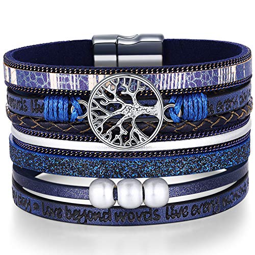 Desimtion Inspirational Tree of Life Boho Leather Wrap Bangle Bracelets for Women, Teen Girl Gifts Trendy Stuff, Fashion Accessories Jewelry Gifts for Women Girls - color: Blue