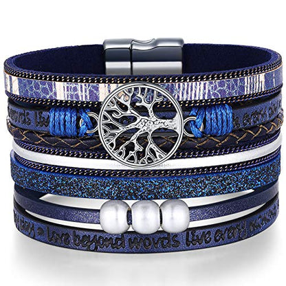 Desimtion Inspirational Tree of Life Boho Leather Wrap Bangle Bracelets for Women, Teen Girl Gifts Trendy Stuff, Fashion Accessories Jewelry Gifts for Women Girls - color: Blue