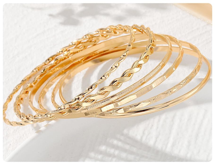 6-Piece Multi Layer Bangle Set,Gold Stackable Bracelets for Women - Non-Tarnish Simple Fashion Boho Jewelry for Daily & Party Wear