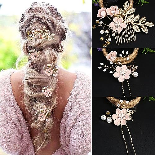 5 PCS Bridal Flower Wedding Hair Pins Crystal Pearl Hair Clips Headpiece Gold Wedding Hair Accessories Jewelry with Rhinestone for Brides Bridesmaids Women Girls Updo(Cherry Blossoms Pink) - color: Exquisite Flower Leaves&Cherry Blossoms Pink