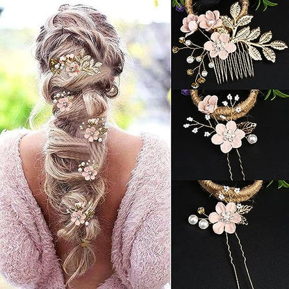 5 PCS Bridal Flower Wedding Hair Pins Crystal Pearl Hair Clips Headpiece Gold Wedding Hair Accessories Jewelry with Rhinestone for Brides Bridesmaids Women Girls Updo(Cherry Blossoms Pink) - color: Exquisite Flower Leaves&Cherry Blossoms Pink