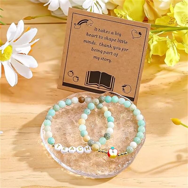 Teacher Appreciation Bracelet Gifts for Women, Stone Beaded Stretch Bracelets Set Thank You Teacher Gifts Retirement Teachers' Day Jewelry - color: Green