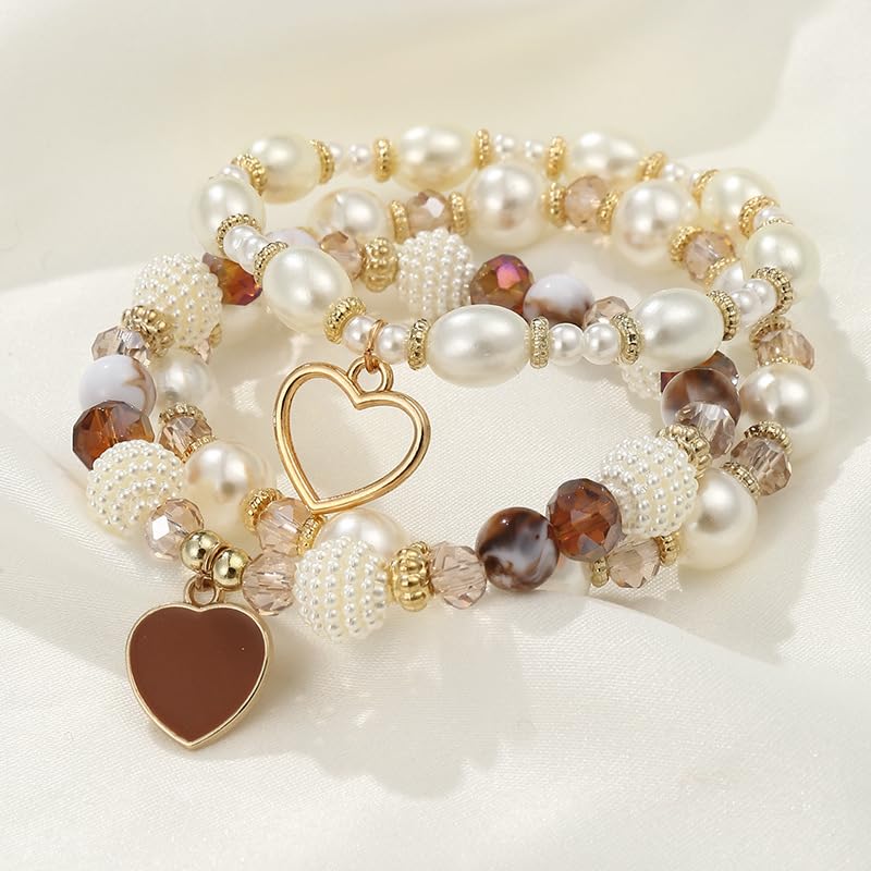 Pingyongchang Bohemian Stackable Beaded Bracelets Set for Women Multicolor Stretch Faux Pearl Heart Crystal Stretchy Bangles Multilayered Handmade Friendship Holiday Beach Jewelry Mother's Day Gifts - color: Brown